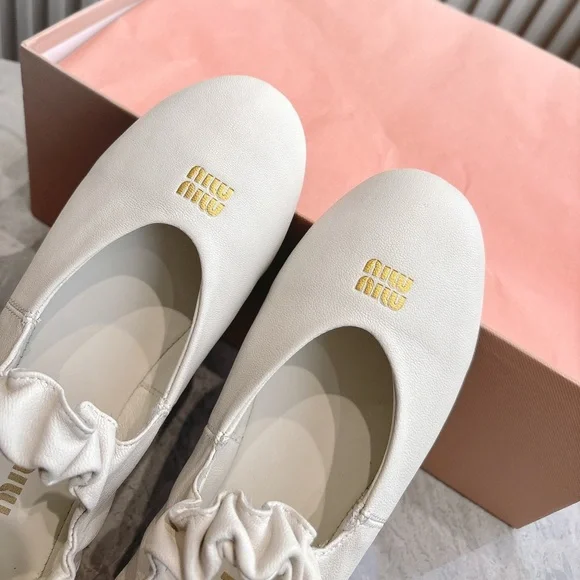 Women's Miu Miu White Leather Ruched-Top Ballet Flats with Gold Logo Accent
